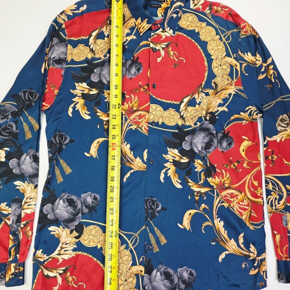 Zara Size Medium Relaxed Fit Mens Navy Floral Viscose Long Sleeve Designer Shirt - Picture 8 of 9